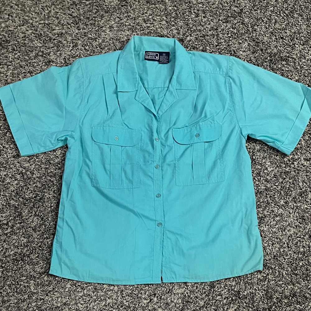 Vintage Women’s GOOD LOOK’N Aqua Button-Up Shirt (M) See Pics!